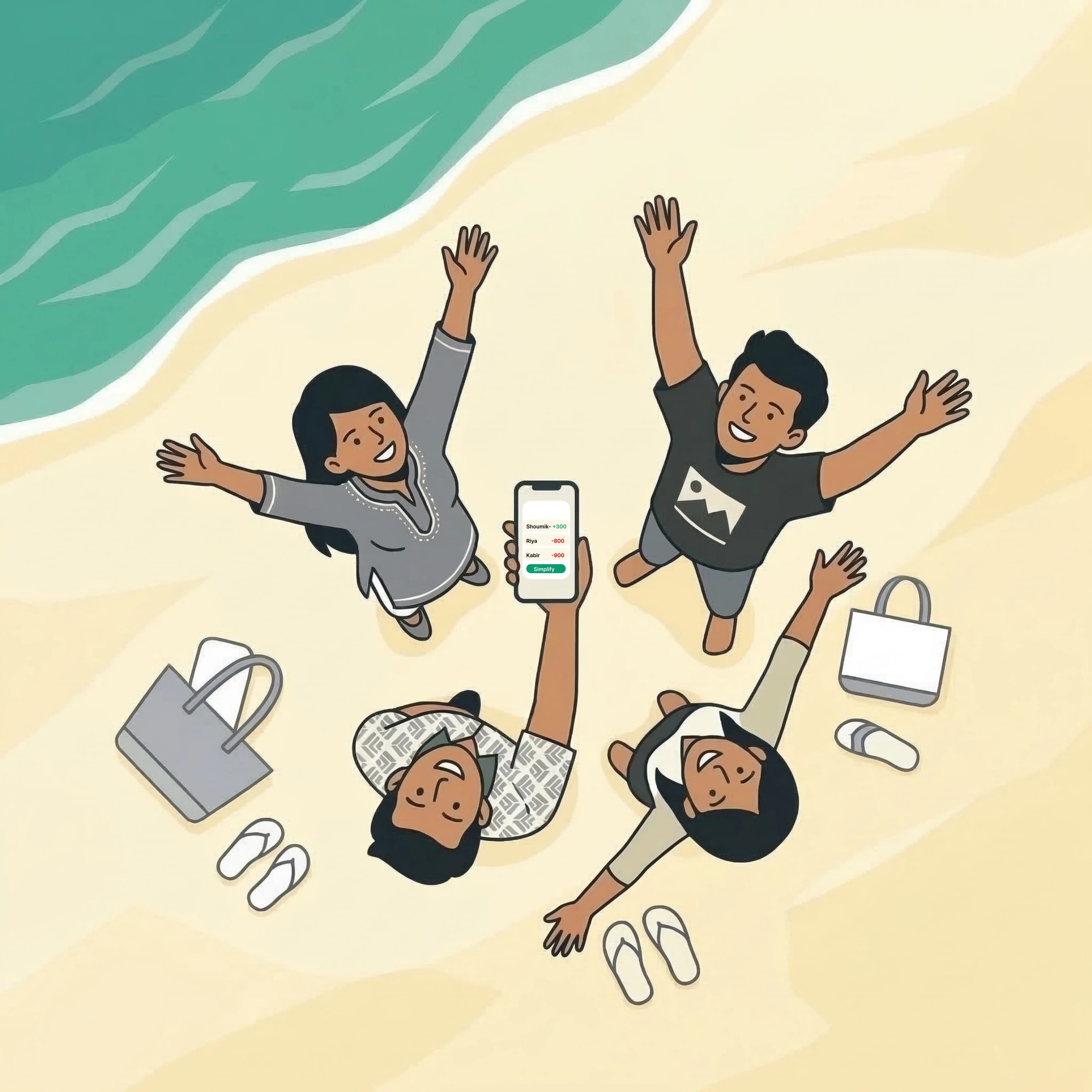 Friends on a beach trip using SplitBill